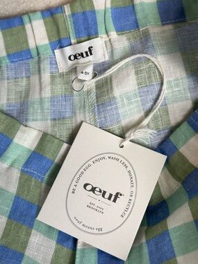 NWT Oeuf NYC Checked Linen Blue & Green Boy Shorts Waist adjustable sz 4-5Y